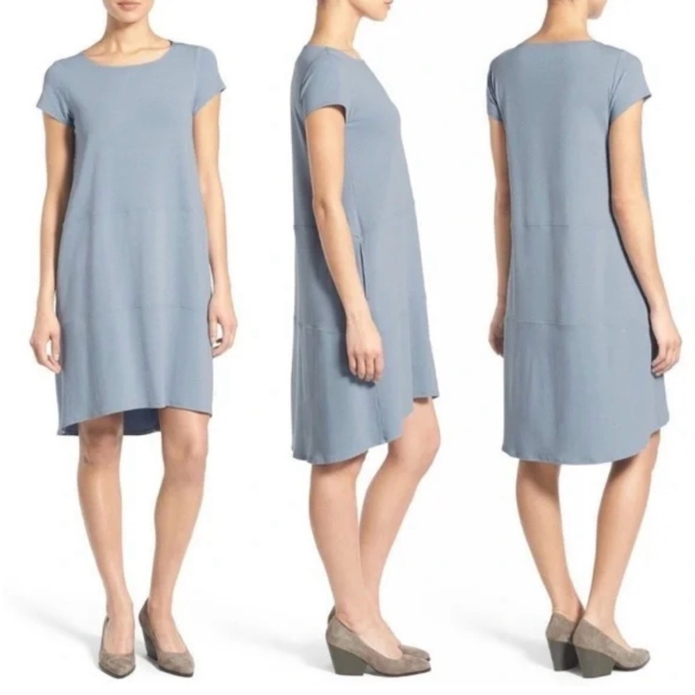 Eileen Fisher Bateau Neck Cap Sleeve Midi Dress Hi Low in Size Large